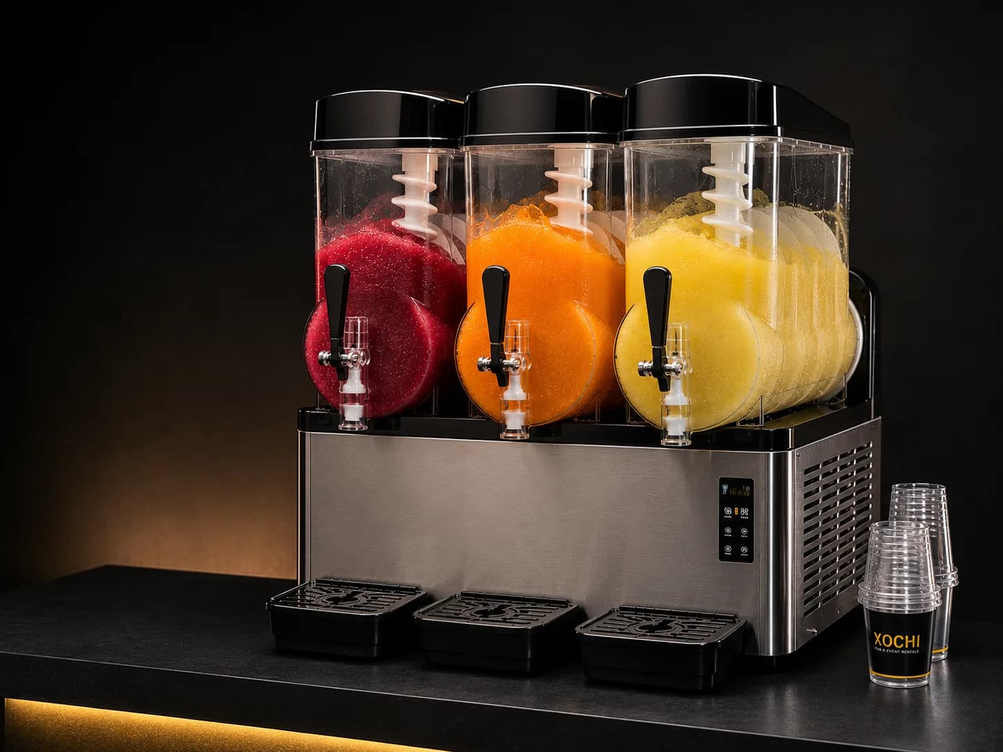 Slushmachine met drie reservoirs, klaar voor gebruik