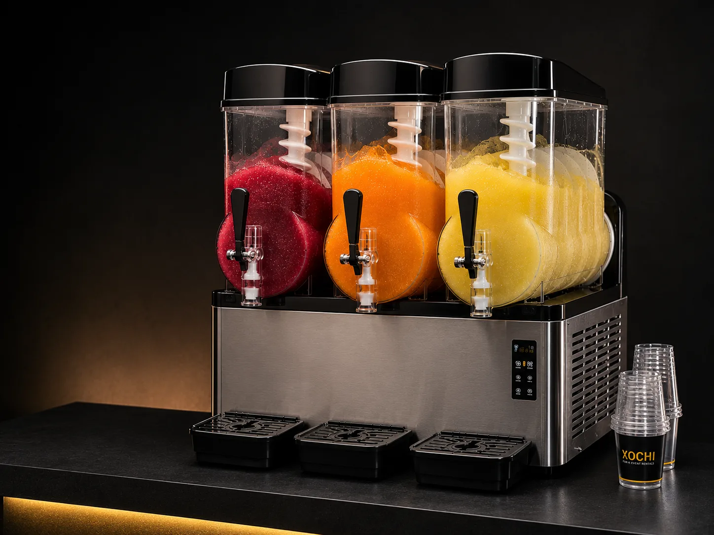Slushmachine met drie reservoirs, klaar voor gebruik
